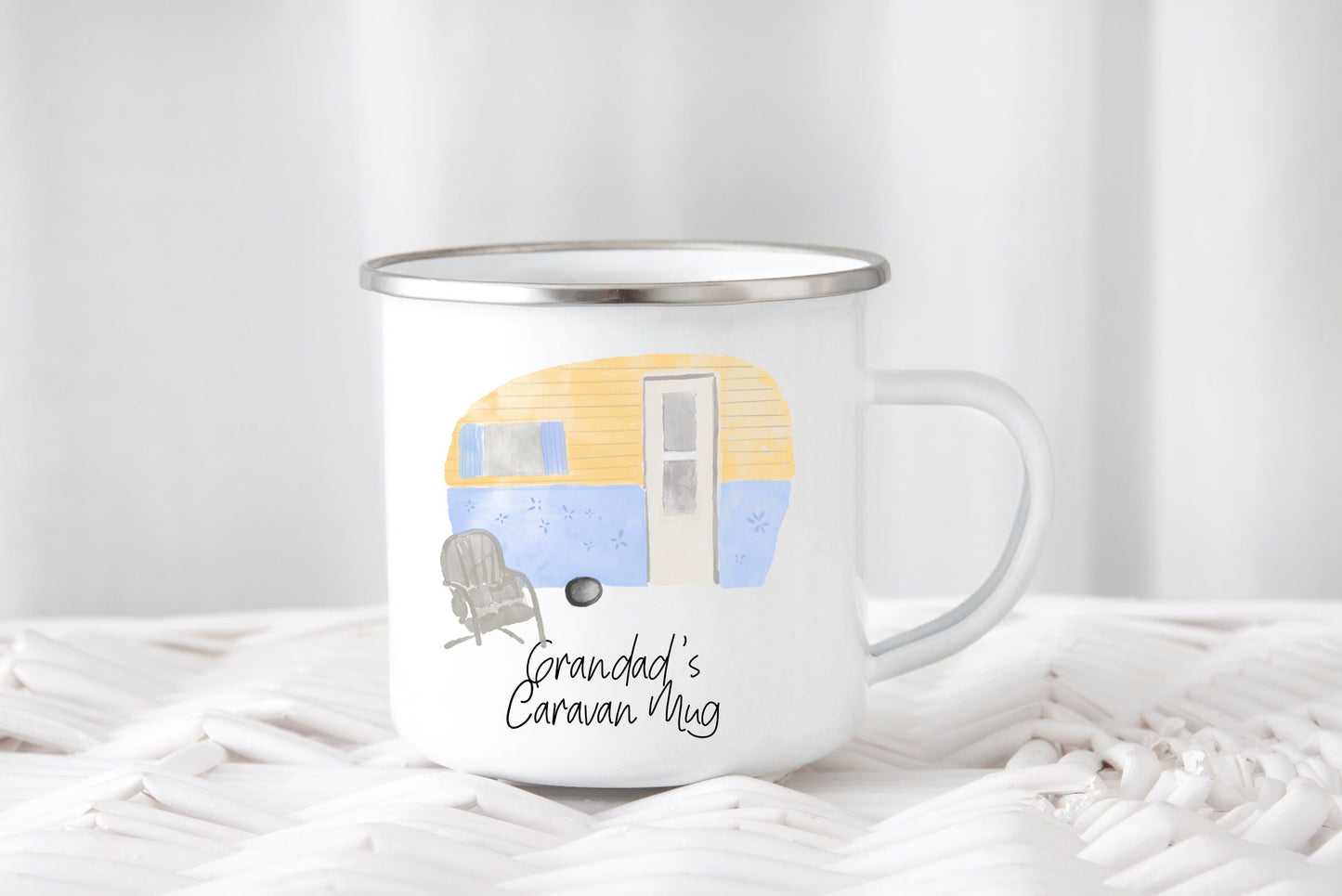 Personalised Caravan Enamel Mug, Camping Gift