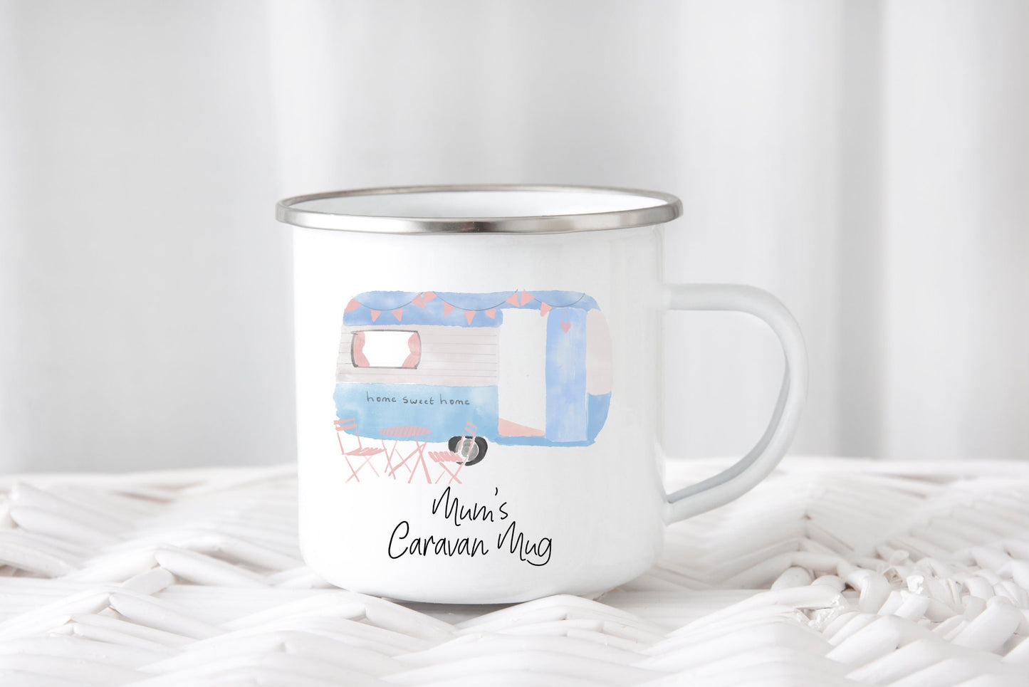 Personalised Caravan Enamel Mug, Camping Gift