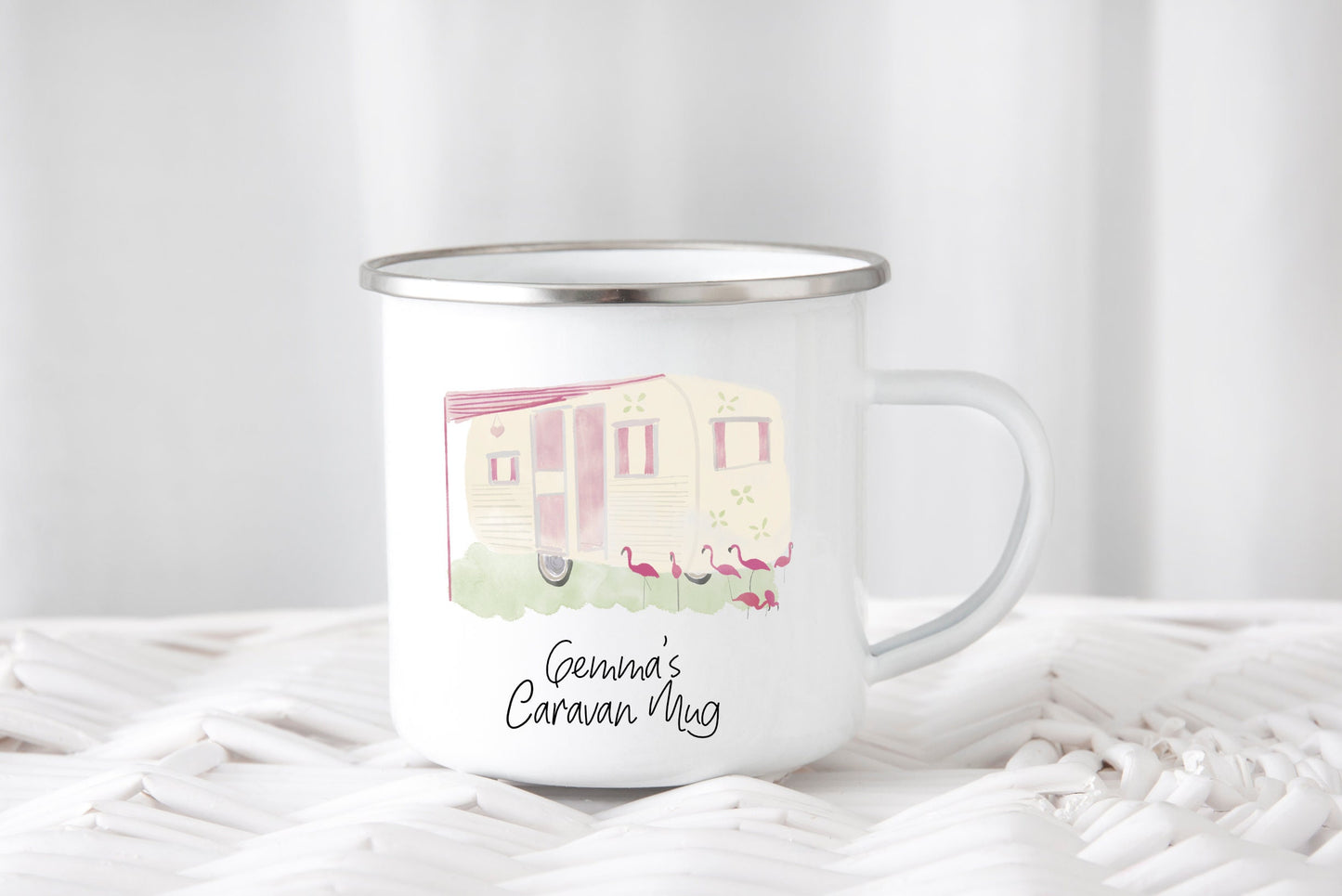 Personalised Caravan Enamel Mug, Camping Gift